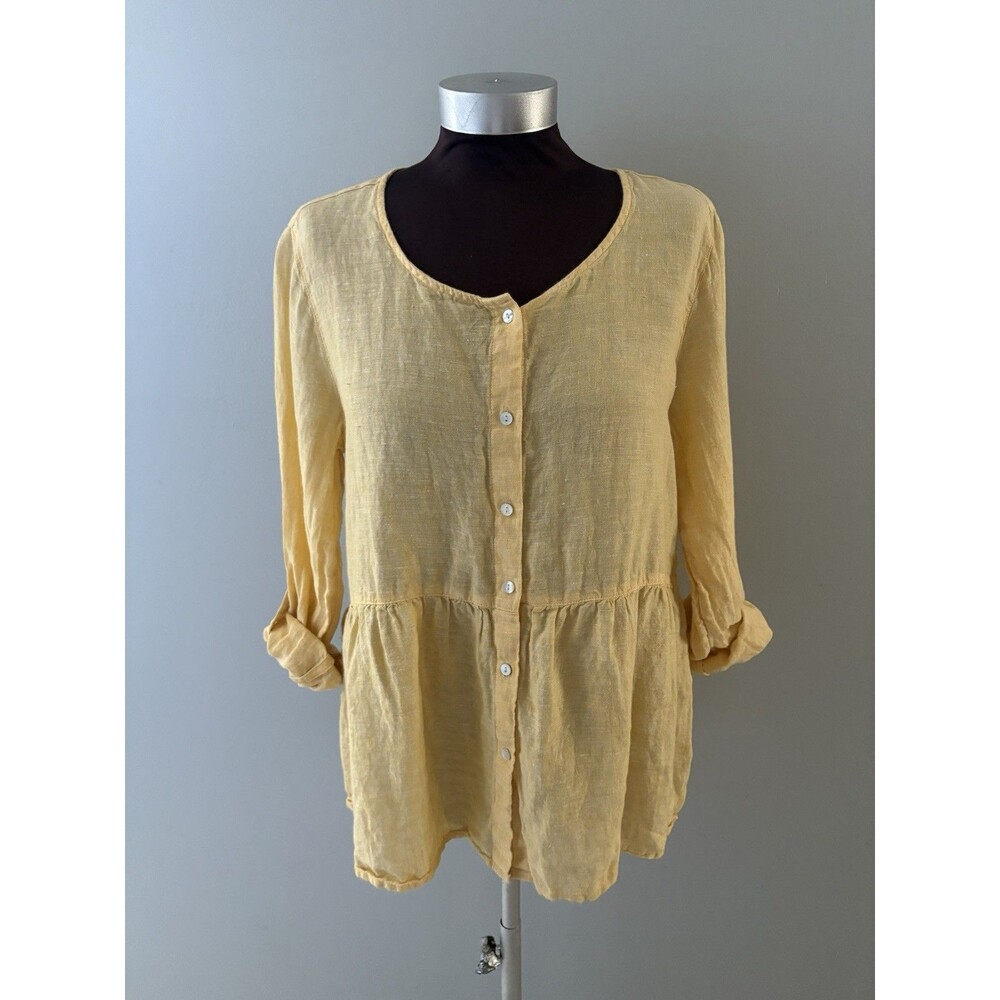 Sigrid Olsen Linen Top Size Medium Butter Yellow Roll Tab Lagenlook Oversize